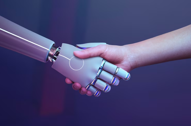Um aperto de mão entre um humano e um robô ao ilustrar tecnologia, automação de processos e virtualização