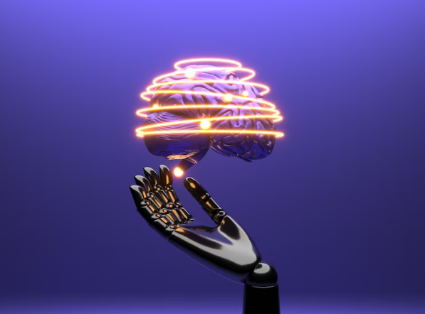 Ilustração da mão de um robô amparando um cérebro, representando inteligência artificial, automação de processos e virtualização