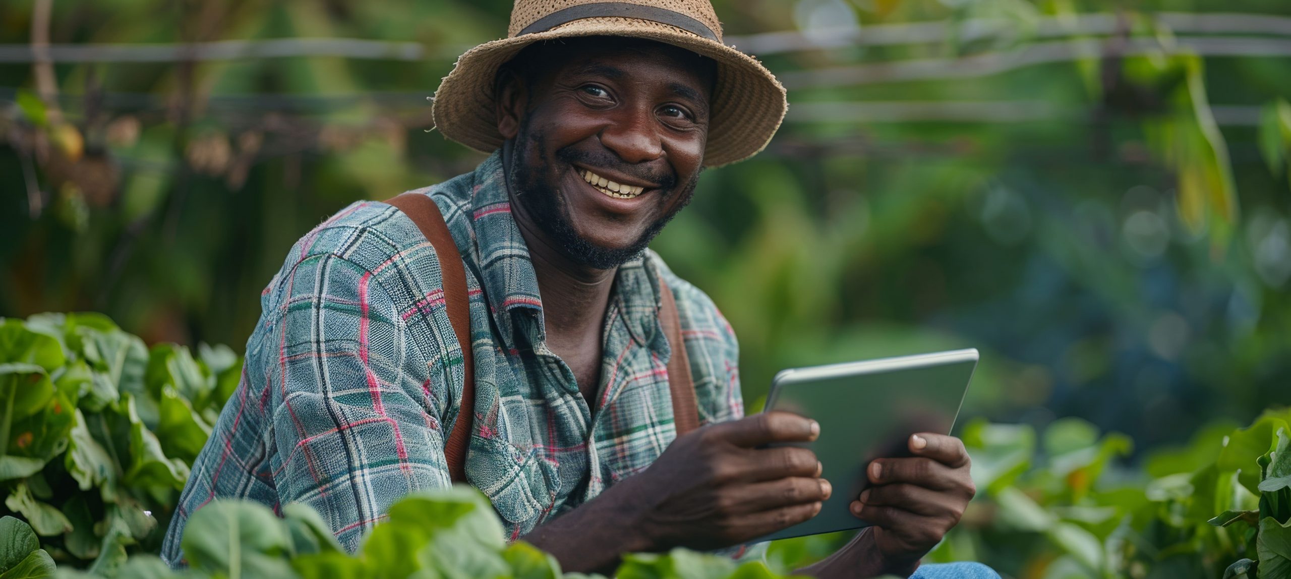 Foto de um jovem homem negro com vestes de trabalhador rural agachado em uma plantação. Ela está sorrindo segurando um tablet em suas mãos, ilustrando que o agricultor está manuseando um um software agrícola para gerenciar sua documentação.