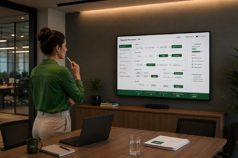 Fluxo de processos de RH automatizados com etapas integradas e controle operacional.