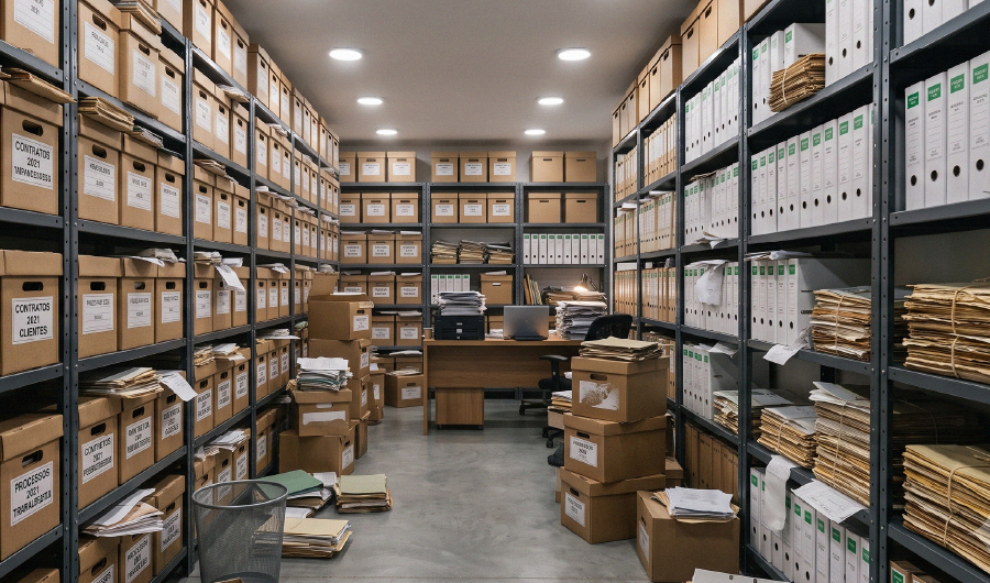 Sala de empresa ocupada por caixas e documentos acumulados sem organização adequada