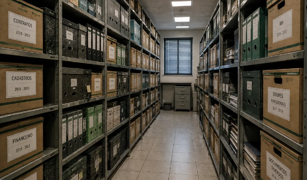 Arquivo morto organizado com caixas identificadas e documentos armazenados para consulta futura