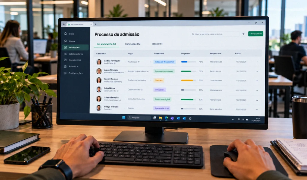 Profissional de RH utilizando o computador para organizar documentos do processo admissional digital.