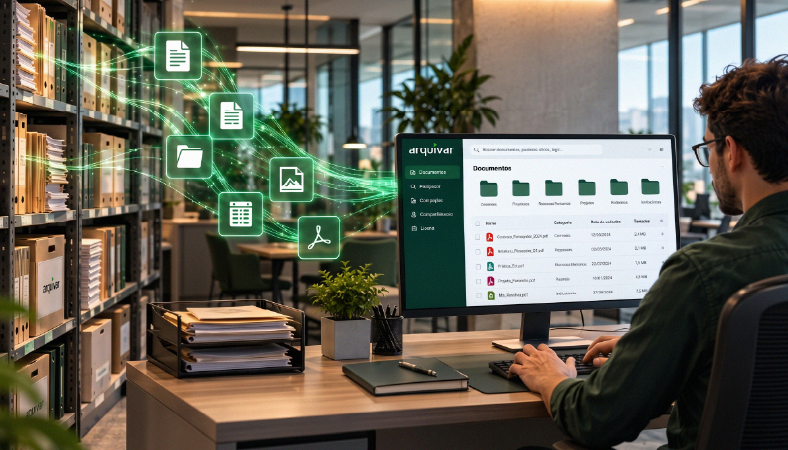 Documentos físicos sendo digitalizados em um ambiente corporativo, representando a transformação do papel em arquivos digitais.